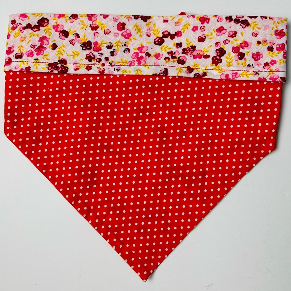 Dog Bandana Red/Yellow Floral & Red/White Polka Dot, Reversible, Snap Button